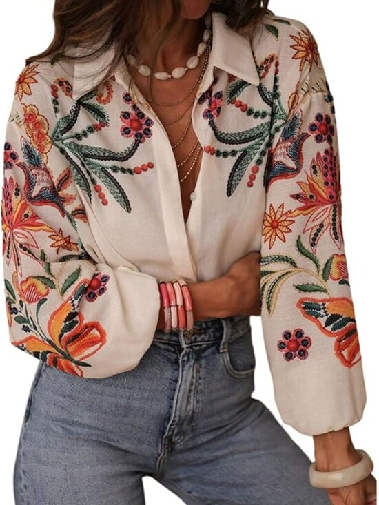 Tops - Women's Button Down Shirt Lantern Sleeve Tropical Floral Boho Blouse Dressy Top